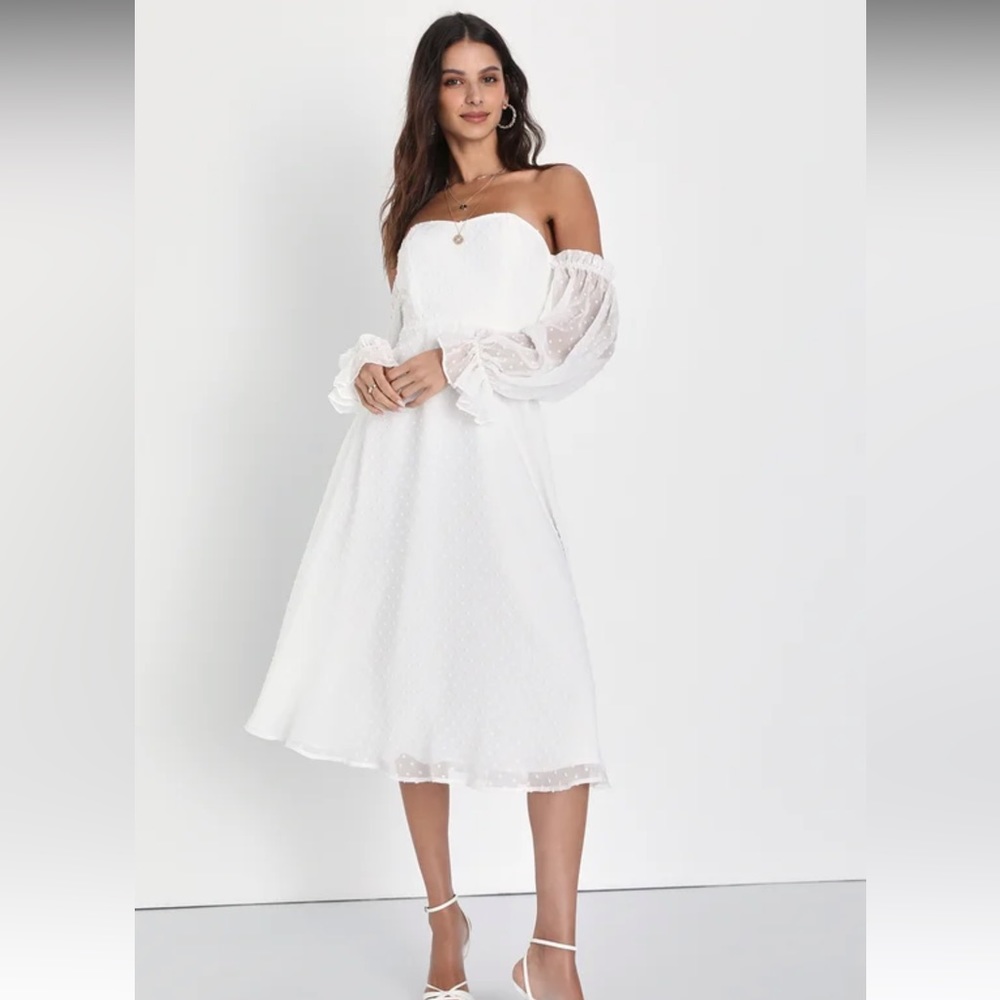 Lulu’s Lovely Angel White Off-The-Shoulder Midi Dress